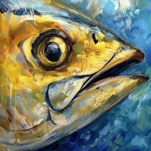 Intimate portrait of a yellowfin tuna, focusing on eye and skin texture