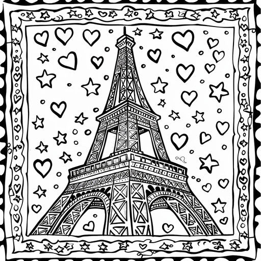 Whimsical Eiffel Tower with hearts and stars, coloring book page