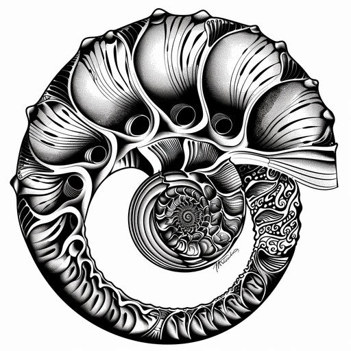 Bold tattoo sketch of a nautilus shell with intricate spirals