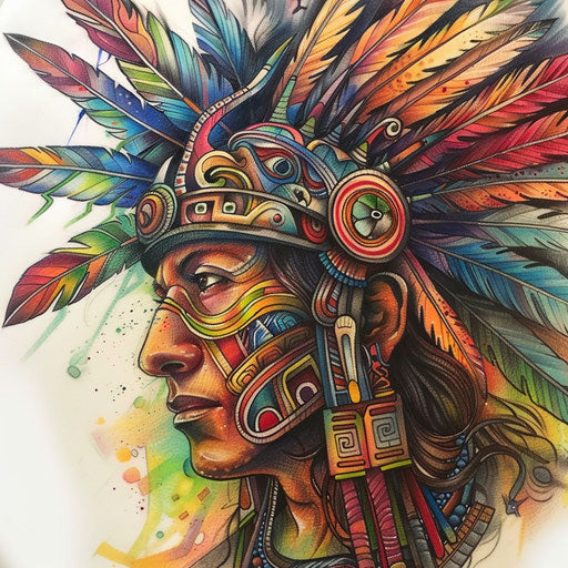 Colorful Aztec warrior tattoo art