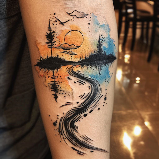 Stylish flat tattoo sketch with watercolor effects of a riverside sunset