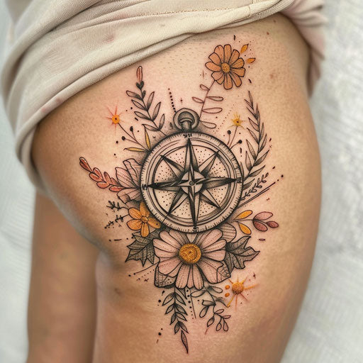 Wildflower tattoo with compass, earthy tones, intricate details