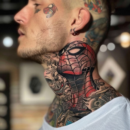 Neck tattoo for men showing dynamic superhero action