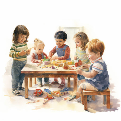 Daycare illustration in the style of oil painting, on white background