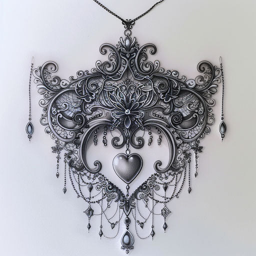 Victorian gothic lace and locket tattoo on white background