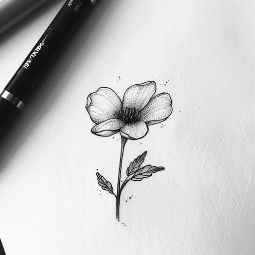 Retro-style small marigold flower tattoo drawing, with dot work on white paper