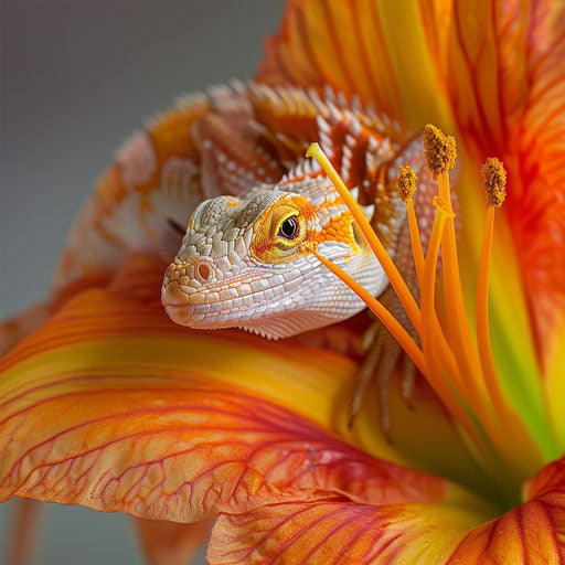 A lizard resting on a vibrant flower in the style of Marsel van Oosten