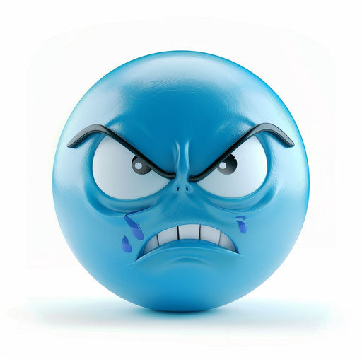 Angry blue smiley face icon on white background