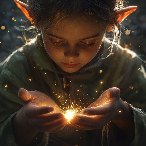 Young elf learning to cast spells, tiny sparks flying