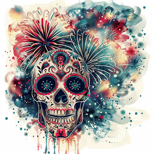 Dynamic flat tattoo sketch of a Calavera with a burst of fireworks and vibrant festivity