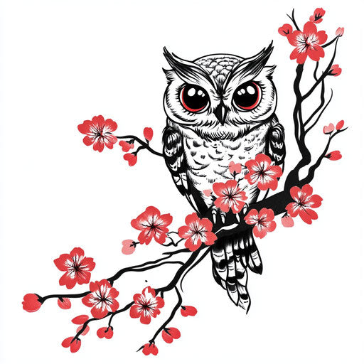 Owl neck tattoo Japanese cherry blossoms flat style