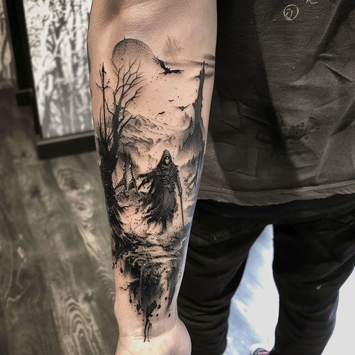 Epic fantasy arm tattoo scene in the style of Gerald Brom