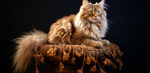 Fluffy cat on scratching post, dark gold and light brown style