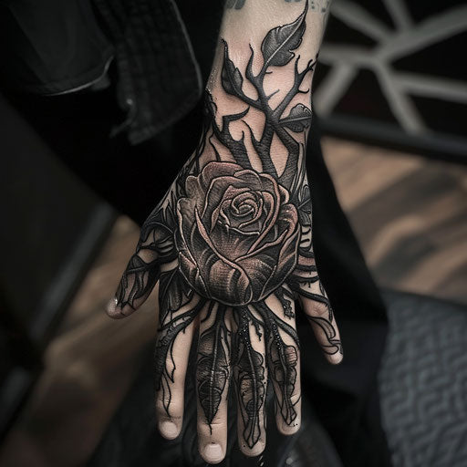 Rose hand tattoo in the style of David Palumbo with a dark, fantasy twist