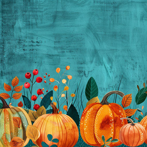 Realistic happy fall clipart with flat teal background, vibrant contrasts and detailed textures