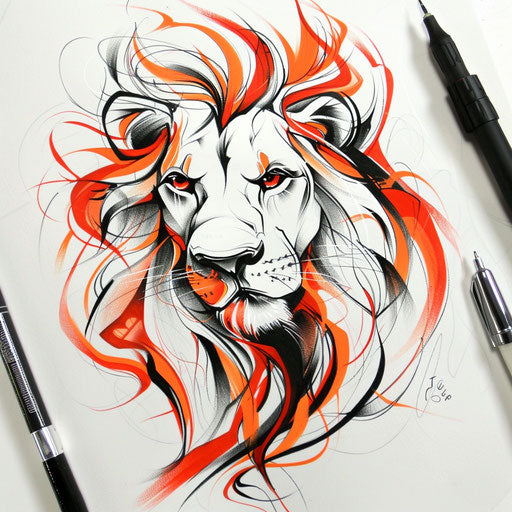 Sketch of fire and flames tattoo of the Lion of Judah, with dynamic red and orange strokes in a bold flat style