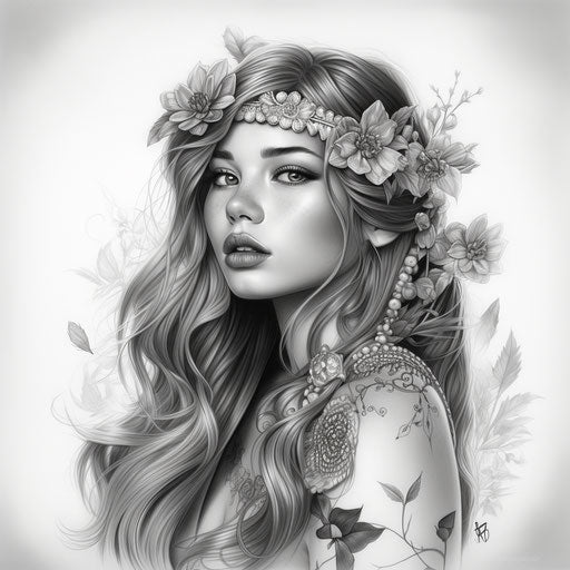 Bohemian girl tribal style, ink tattoo and lettering