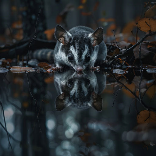 A sugar glider reflected in the still waters of a forest pond at twilight