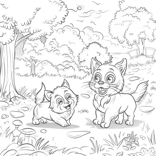 Cat and dog playing together in a park