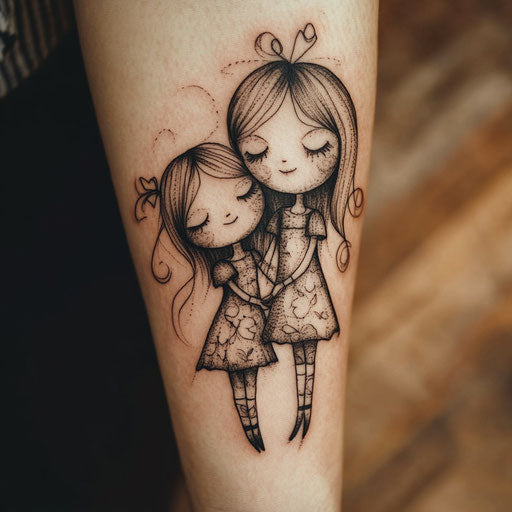 Daughter tattoos with mother and daughter holding hands