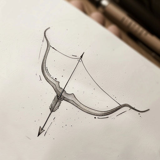 Dotwork style sketch of bow and arrow tattoo
