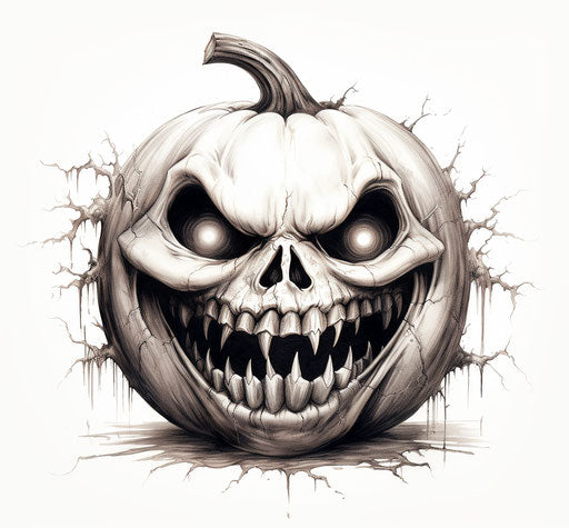 Jack o Lantern pumpkin in black and white ink drawing style, captivating
