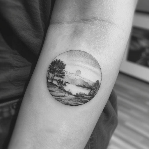 Black and grey sunset tattoo on white background