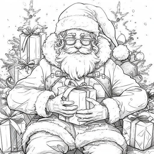 Anime-style Santa Claus with presents, coloring book page