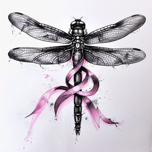 Dragonfly with pink ribbon wings, tattoo on white background