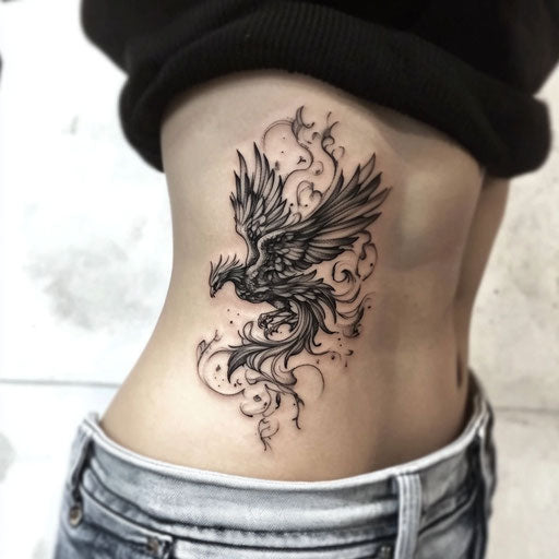 Rib tattoos for women with phoenix flying smoke flames