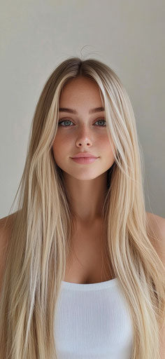 Blonde woman with long hair at hair salon in 2019