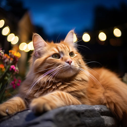 Ginger cat laying outside at night