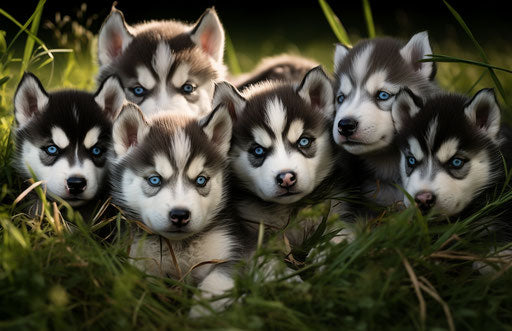 Husky puppies lying in grass, dark silver and dark indigo style