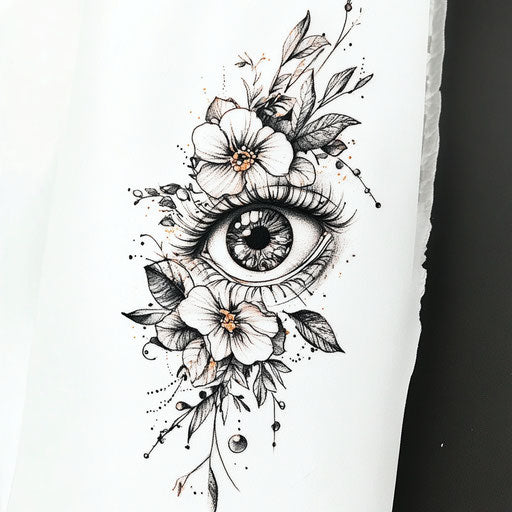 Tattoo sketch of eye with floral motifs