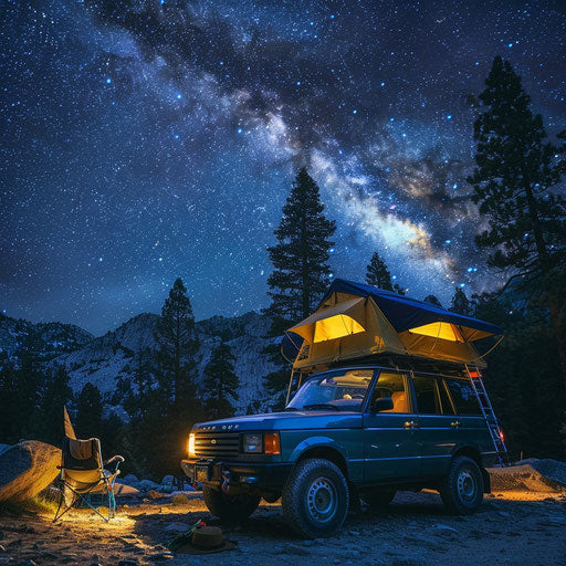 SUV equipped for camping in remote starry wilderness