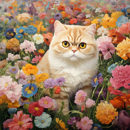 Exotic shorthair cat in a field of flowers