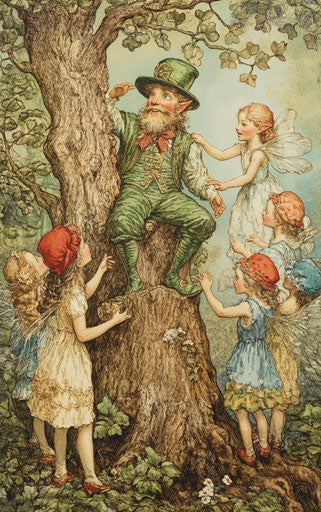 The leprechaun on a stump, surrounded by fairies in green and red hats, holding hands with curious children.