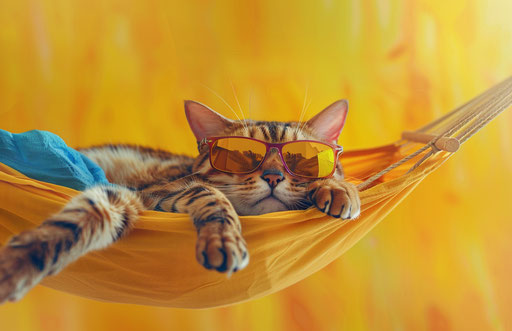 Cool cat in sunglasses and hammock on yellow surface
