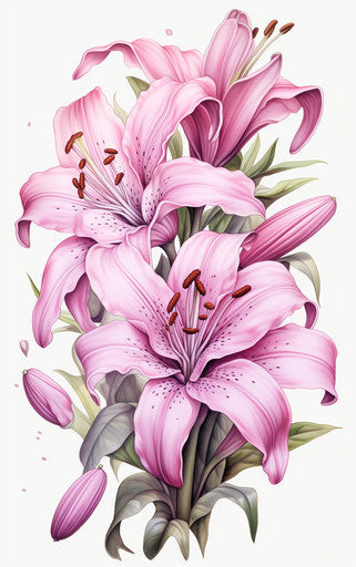 Black & white drawing of lilies in pink frame, classic tattoo style