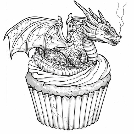 A cupcake with a dragon curled around it. Coloring book page