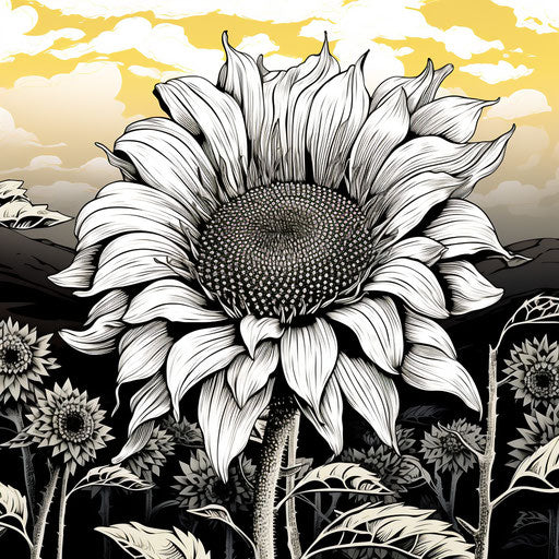 Sunflower in black and white, linear illustration style