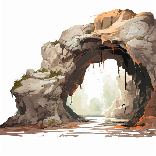 Illustration of cave in the style of oil painting, on white background