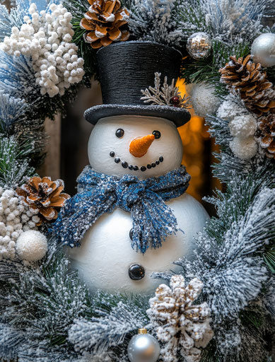 Chic snowman in a blue, white, and silver Christmas wreath