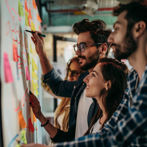 Lively team meeting around a whiteboard