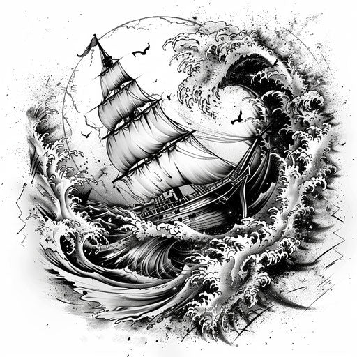 Dynamic artistic tattoo sketch of a ship sailing through high waves