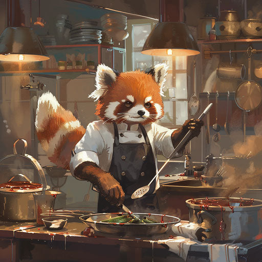A red panda chef prepares gourmet dishes in a bustling kitchen