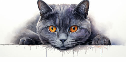 gray cat with orange eyes on white background, dark purple and light indigo style, masculine 39:19