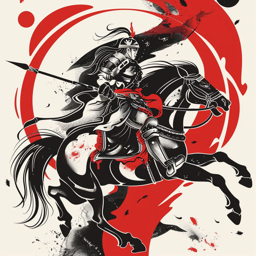 Dynamic flat tattoo sketch for a Sak Yant tattoo showing a warrior riding a horse, in a bold clipart style