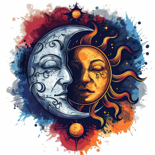 Sun and moon intertwined with vibrant colors