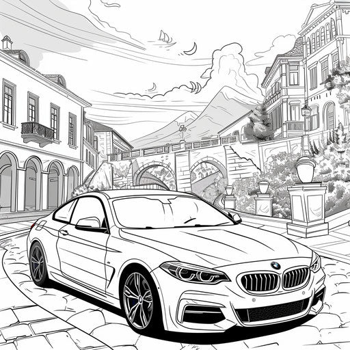 BMW car in a humorous animated setting with exaggerated expressions